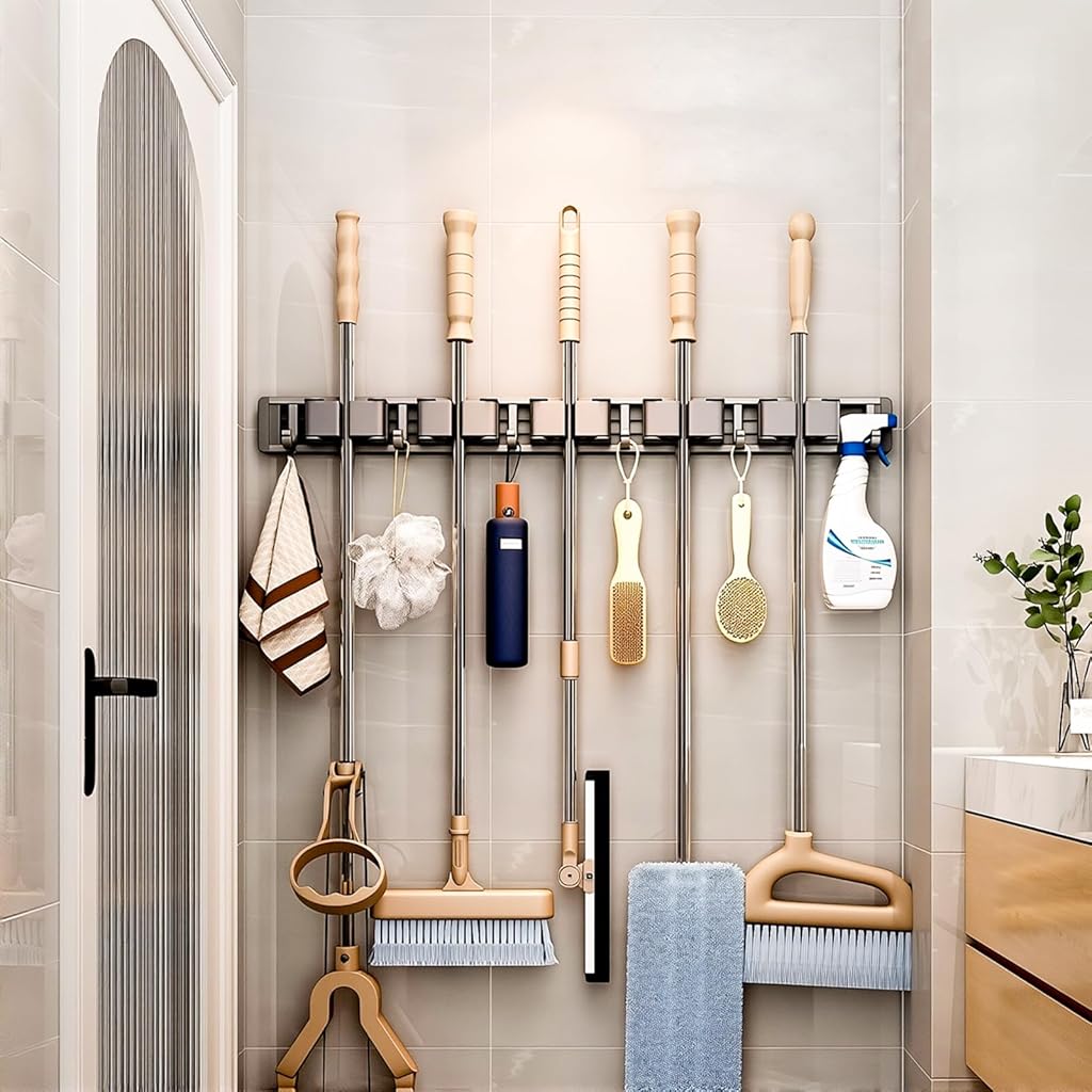 HASTHIP® Aluminum Wall Mop Holder, No Drill Push-in Mop Holder Organizer with 6 Hooks, Space Saving Cleaning Tool Organizer for Bathroom Garage HASTHIP® Aluminum Wall Mop Holder, No Drill Push-in Mop Holder Organizer with 6 Hooks, Space Saving Cleaning Tool Organizer for Bathroom Garage